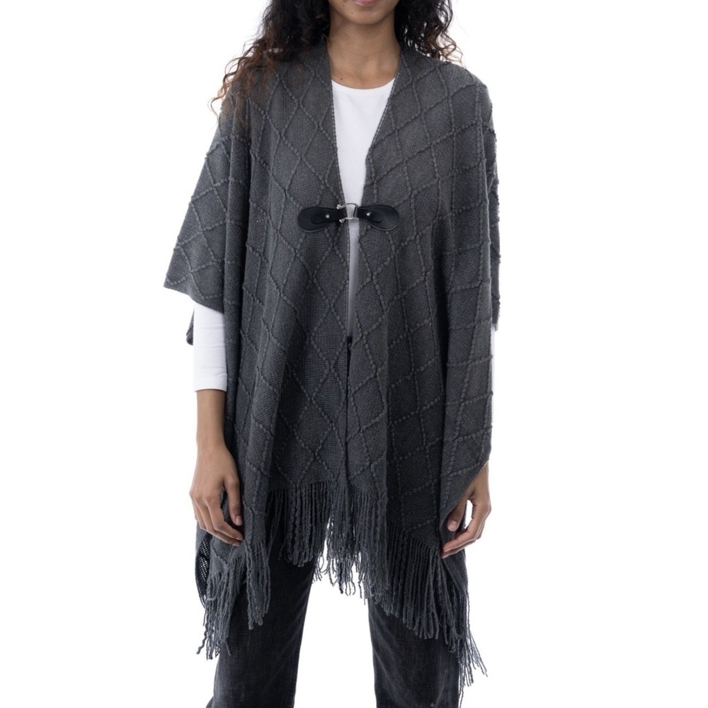 Style & Co Fringe-Trim Toggle-Buckle Cape Sweater Women's One Size Charcoal Grey